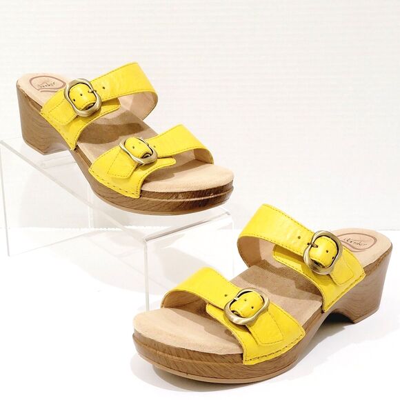 Dansko Shoes - Dansko Sophie Yellow Leather 2 Strap Slide Sandals Womens 39 Slip On Heels 8.5 9